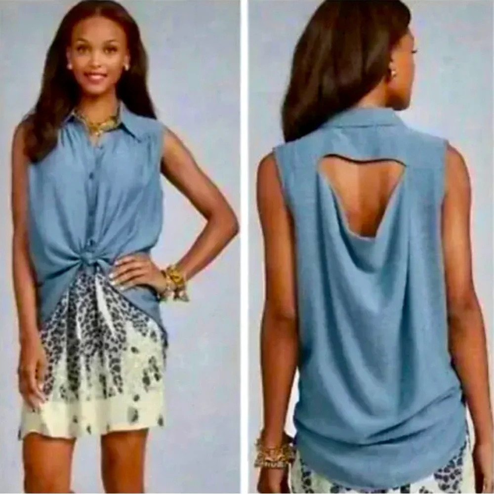 CAbi Blue Chambray Style 387 High Low Cut Out Sleeveless Button Up Top Medium - Picture 1 of 5